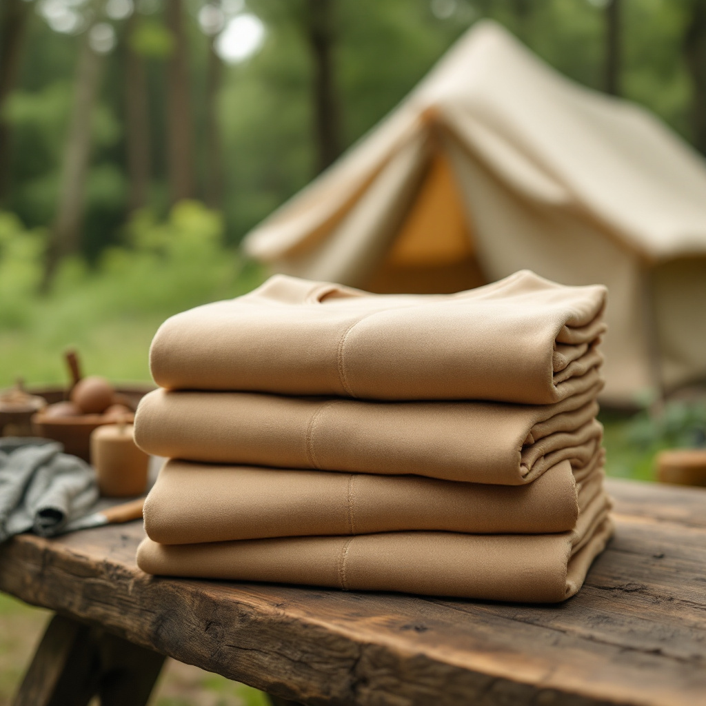 Bio Baumwolle Shirt worauf achten: gefaltete Bio-Shirts mit Zertifikat auf Holztisch beim Camping
