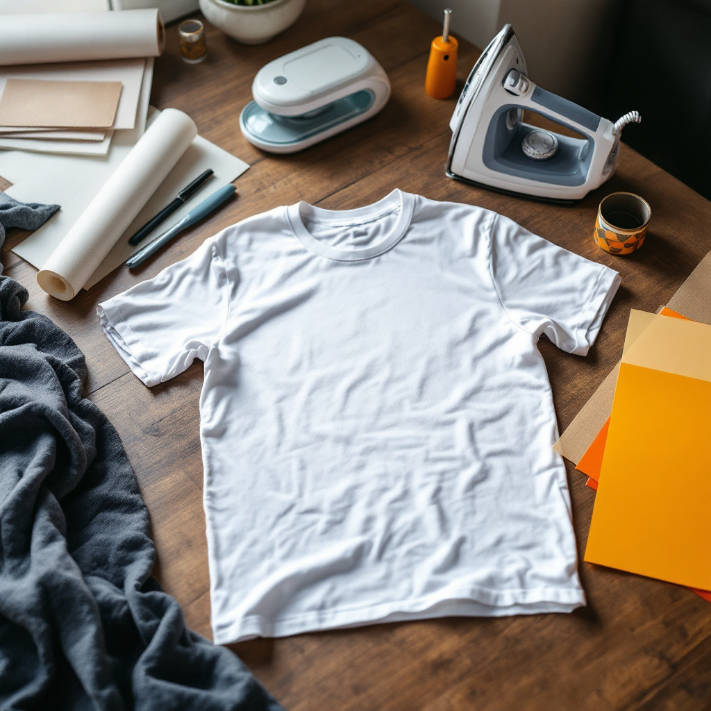 Materialien zum Bügelfolie auf T-Shirt aufbringen mit Bügeleisen und Flexfolie