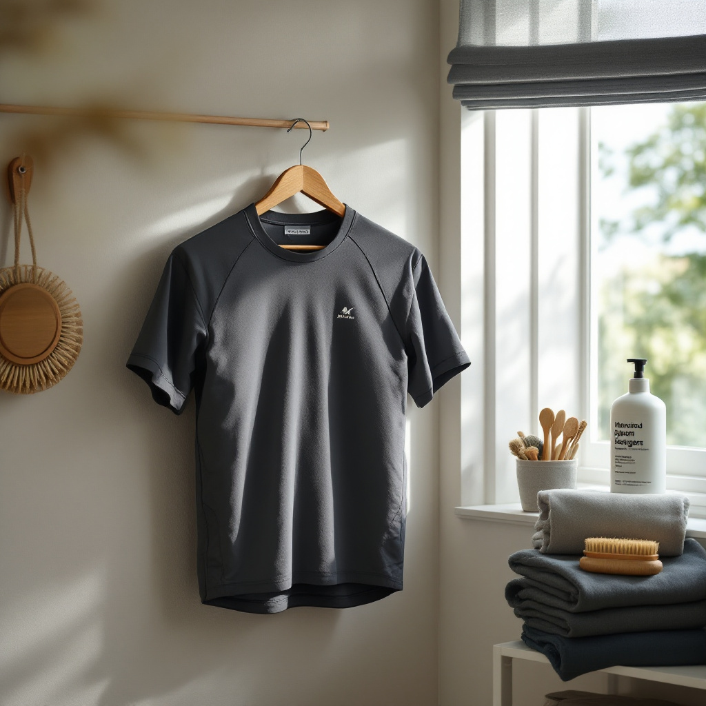 Funktionsshirt beim Wandern waschen und an der Luft trocknen auf Holzbügel