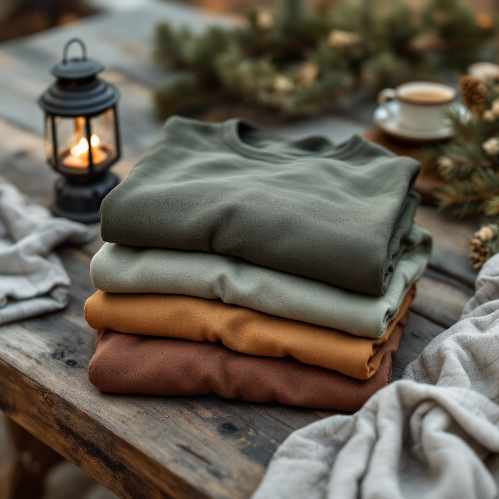 T-Shirts mit lustigen Camping Sprüchen für T-Shirts auf Holztisch mit Campingzubehör