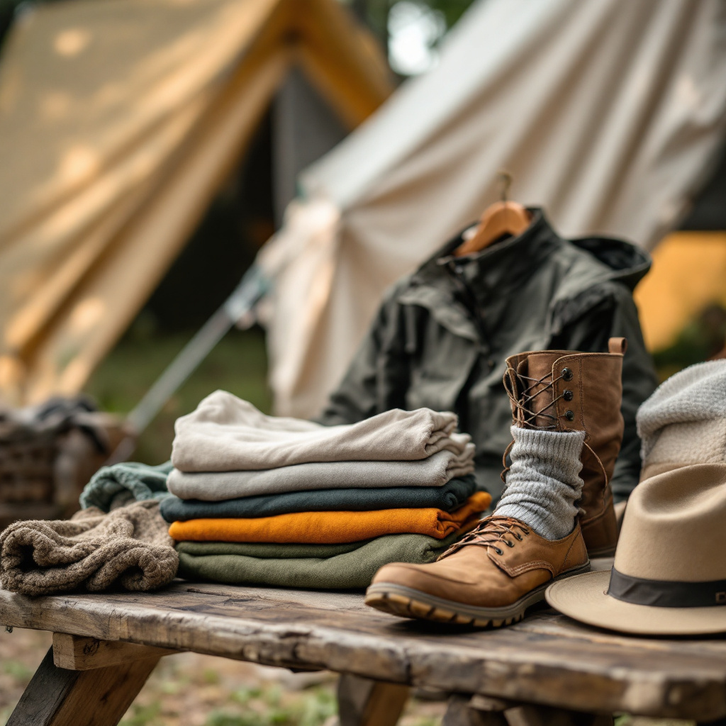 Outfit Ideen für Campingurlaub: kombinierbare Camping-Kleidung auf Holztisch arrangiert