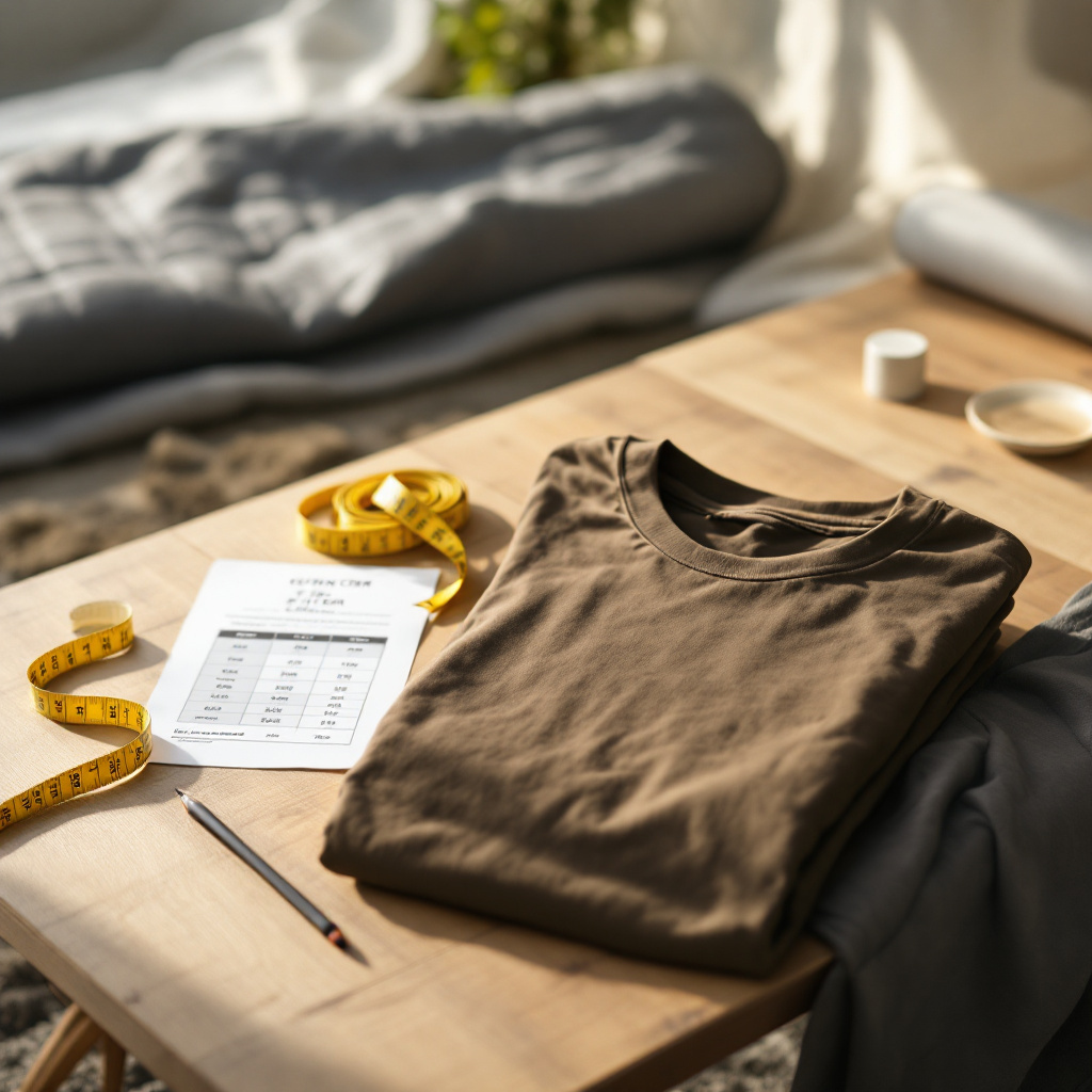 T-Shirt Größe richtig messen Tabelle mit Maßband und gefaltetem Shirt