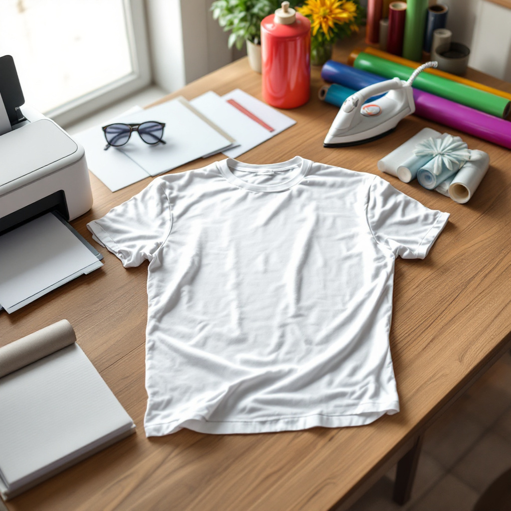 T-Shirt selbst bedrucken Anleitung zuhause mit Transferpapier, Bügeleisen und Folie auf Holztisch