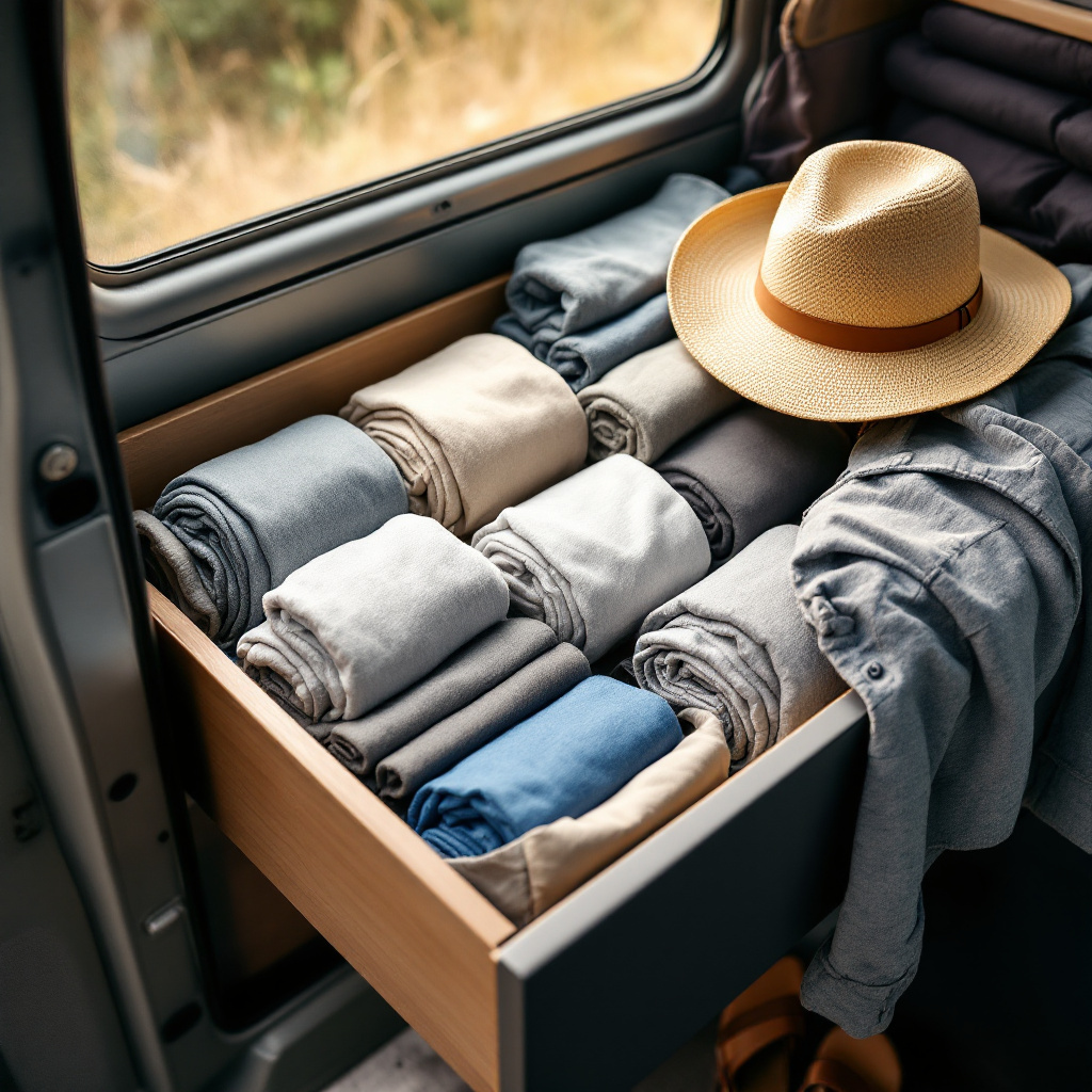 Vanlife Kleidung Packliste Sommer mit gerollten T-Shirts und Packwürfeln im Campervan