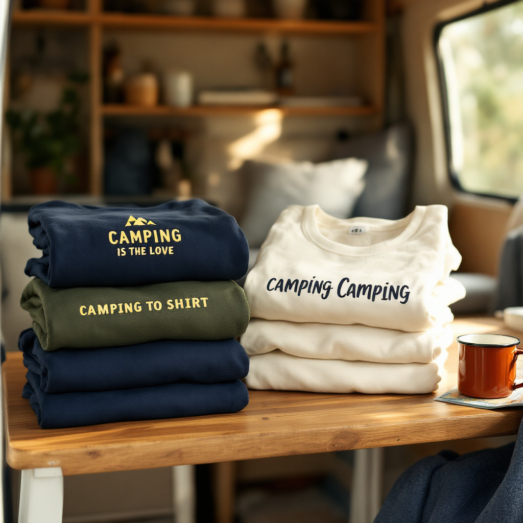 T-Shirts mit Wohnmobil Sprüchen zum Aufdrucken auf einem Holztisch im Camper